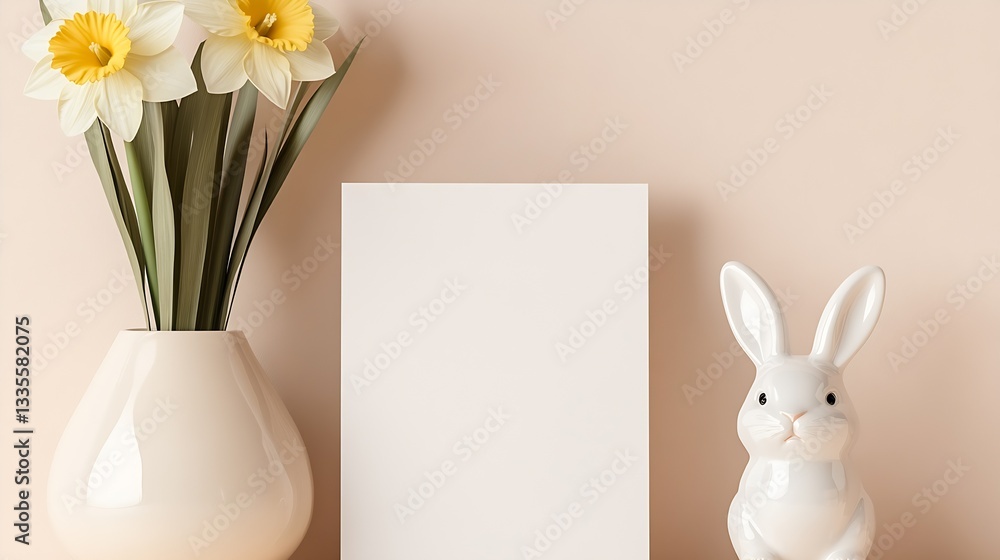 Aufkleber elegant display of a daffodil bouquet in a ceramic vase accompanied by a cute bunny figurine on a li