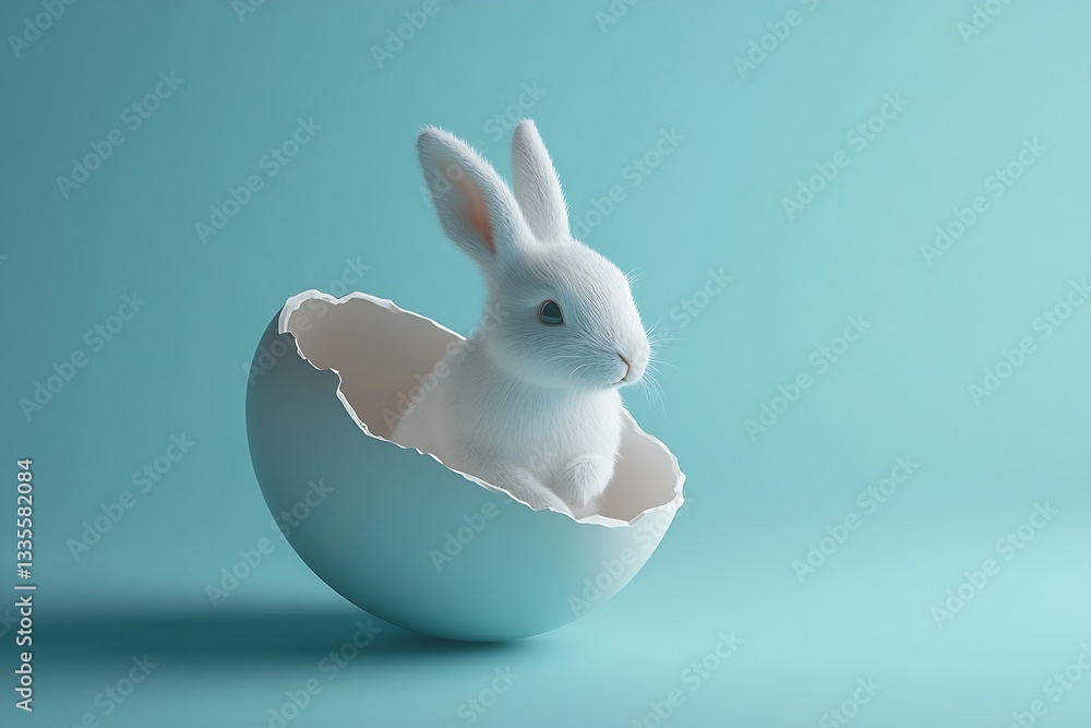 Aufkleber Adorable white bunny looking out of a broken eggshell in soft light with a calming blue tone : Generative AI