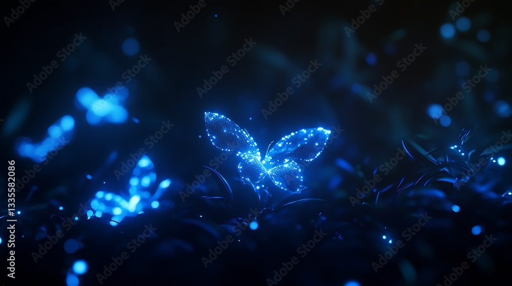 Poster Dazzling illuminated butterflies dancing among luminous leaves creating a surreal magical environment : Generative AI