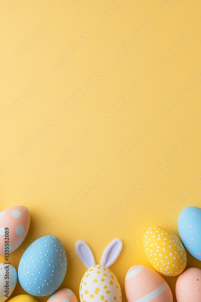 Poster brightly decorated easter eggs with bunny ears on a cheerful yellow backdrop for spring festivities 
