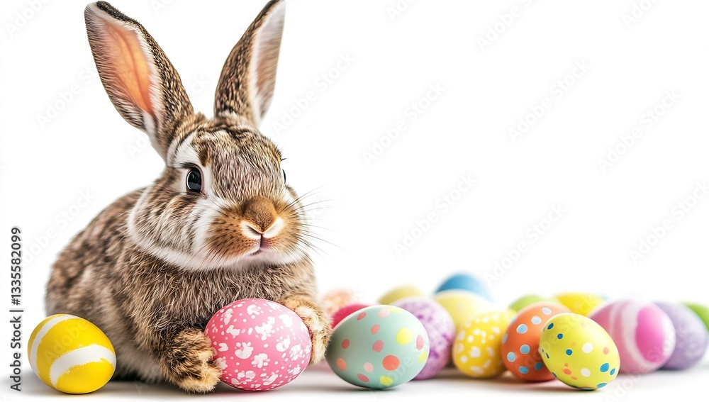 Aufkleber playful rabbit resting beside pastel and brightly colored easter eggs on a white background : genera