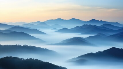 Fototapeta premium Misty Blue Mountains at Sunrise: Serene Landscape Panorama