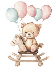 Charming teddy bear perched on rocking horse while holding pastel balloons perfect for nursery art : Generative AI © The Little Hut