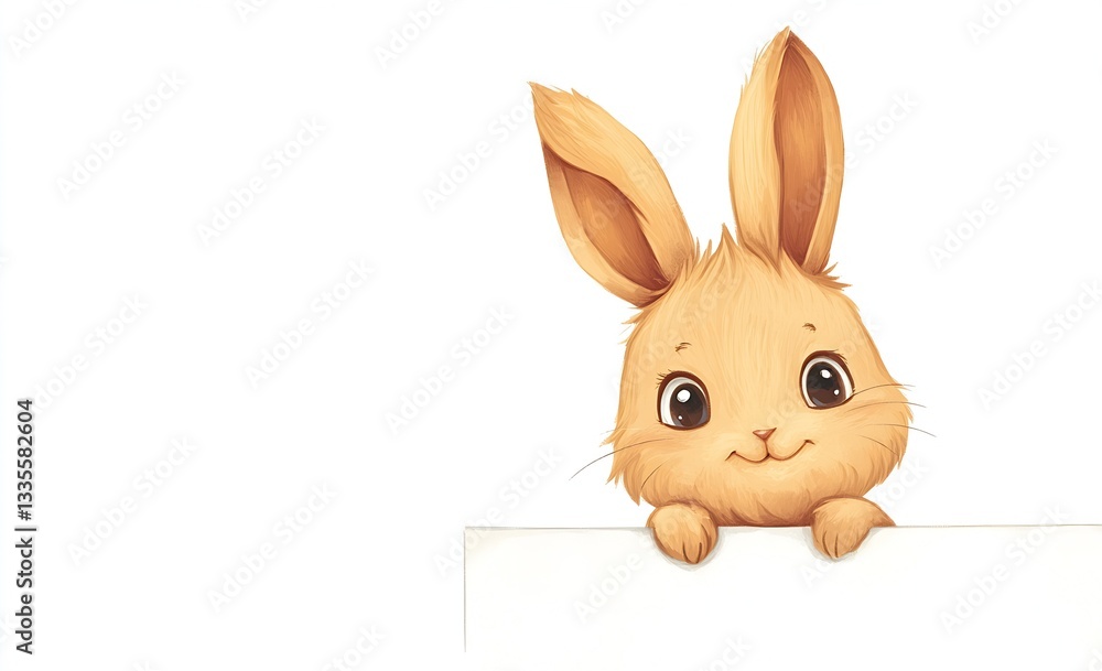 Poster cute fluffy bunny with big ears peeking over a white surface in a bright setting : generative ai