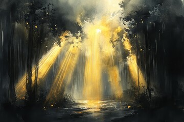 Fototapeta premium Golden Rays After the Storm, Sunshine breaking through clouds