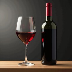Full bottle of red wine next to a filled glass , vineyard, glass