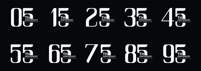Anniversary Logo Design Set, Anniversary logo with white numbers on black background for celebration events, Congratulations, invitations, greetings