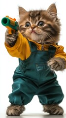 cat is holding a water gun and is wearing a karate outfit. Songkran animal happy holiday