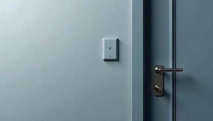 Gray wall, textured surface, light switch near door, metallic handle, metal handle, room
