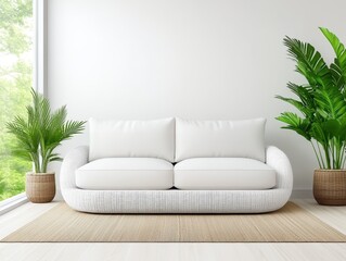 Modern white sofa in a bright room with green plants and natural light