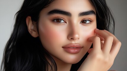 Close-up portrait of a young woman with dark hair and makeup.