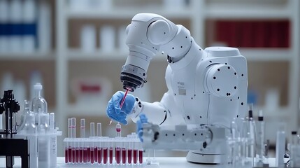 Robotic arm handling test tubes in lab.