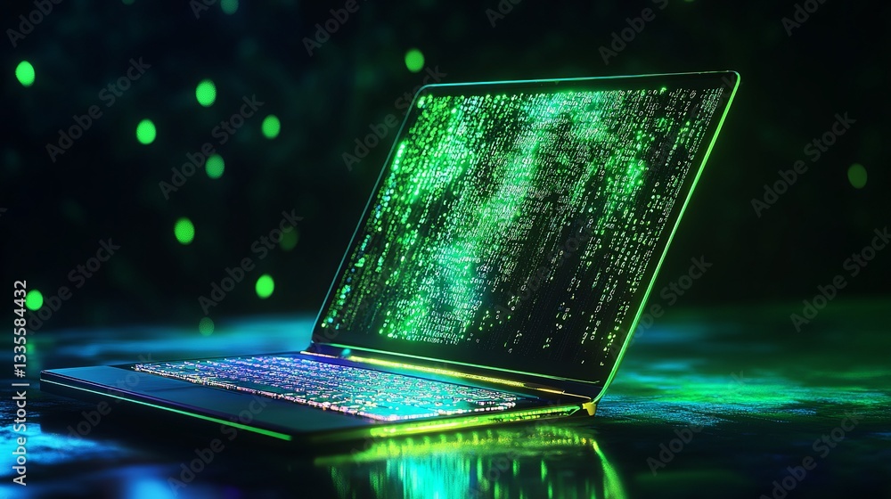 Poster cybersecurity digital data green code laptop technology modern futuristic screen programming innovat