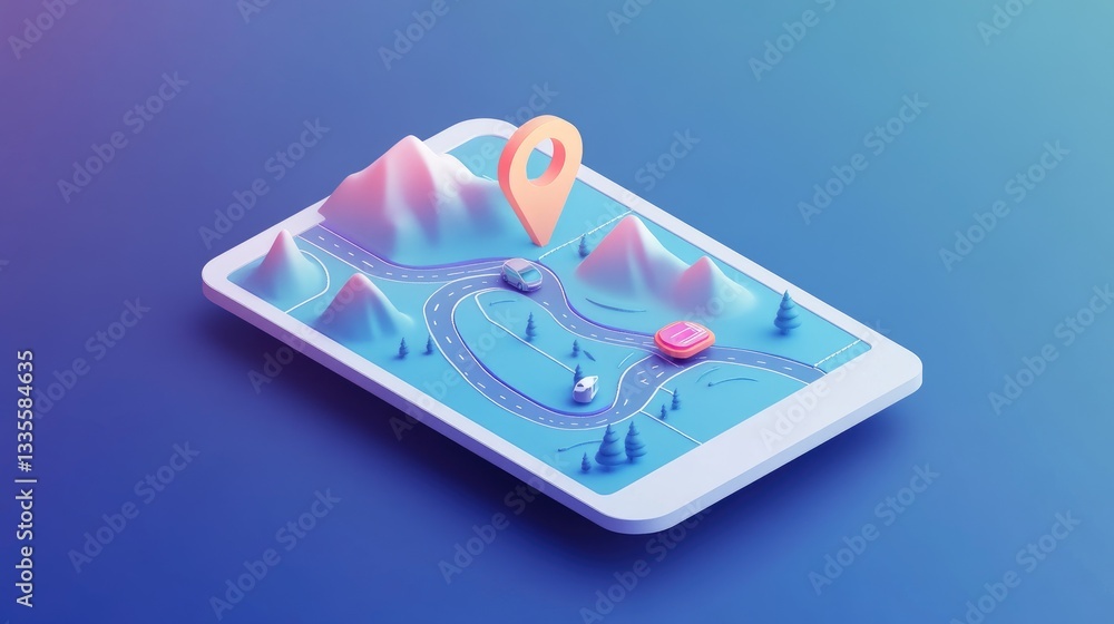 Poster a 3d isometric icon of a driving map app, highlighting the concept of navigation and directions, wit