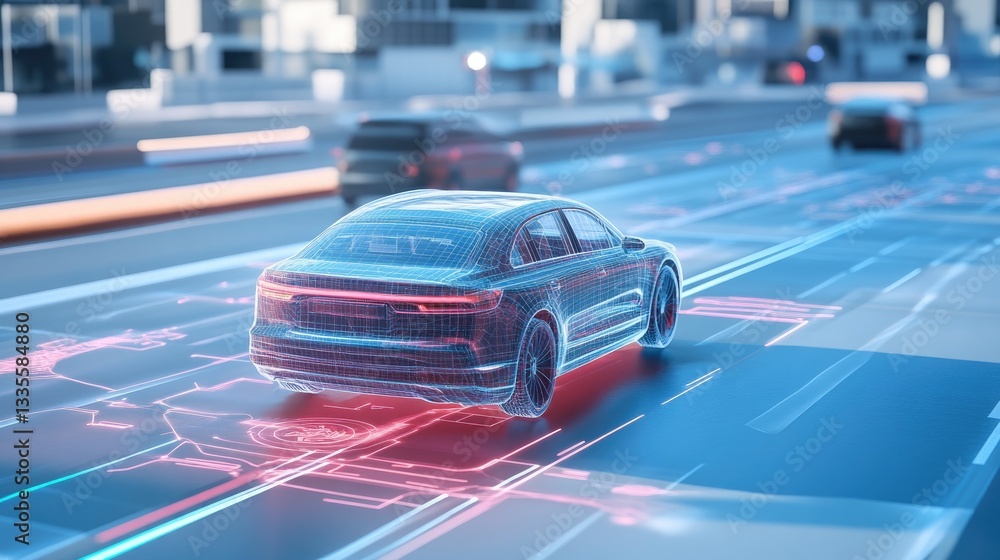 Poster A 3D simulation of an autonomous vehicle's digital twin navigating various virtual scenarios, emphasizing advanced technology in the automotive industry