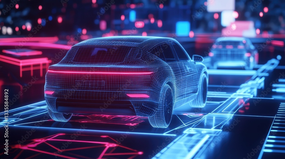 Poster A 3D simulation of an autonomous vehicle's digital twin navigating various virtual scenarios, emphasizing advanced technology in the automotive industry