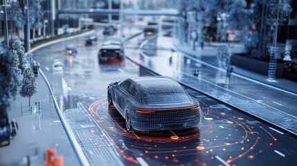 A 3D simulation of an autonomous vehicle's digital twin navigating various virtual scenarios, emphasizing advanced technology in the automotive industry