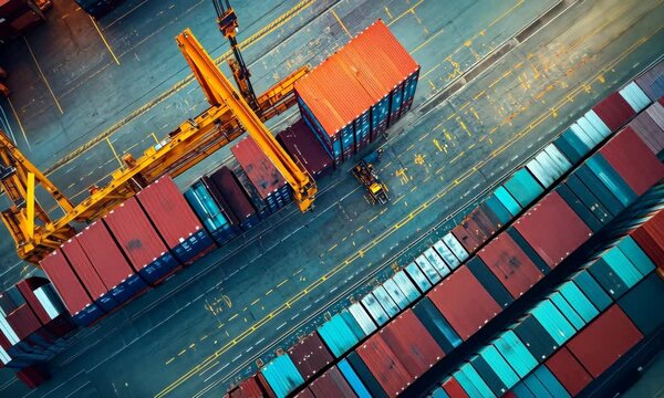 Aerial View of Cargo Shipping Containers with Cranes at a Busy Port Facility