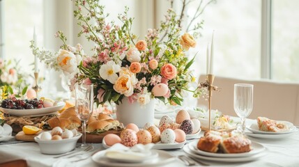 A beautifully set Easter brunch table, featuring decorated eggs, fresh spring flowers, and delicious food, capturing the warmth of a family gathering