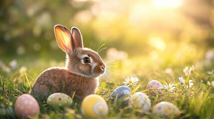 A brown bunny rabbit resting in a grassy field, surrounded by colorful Easter eggs and delicate wildflowers, with golden hour sunlight casting a peaceful glow