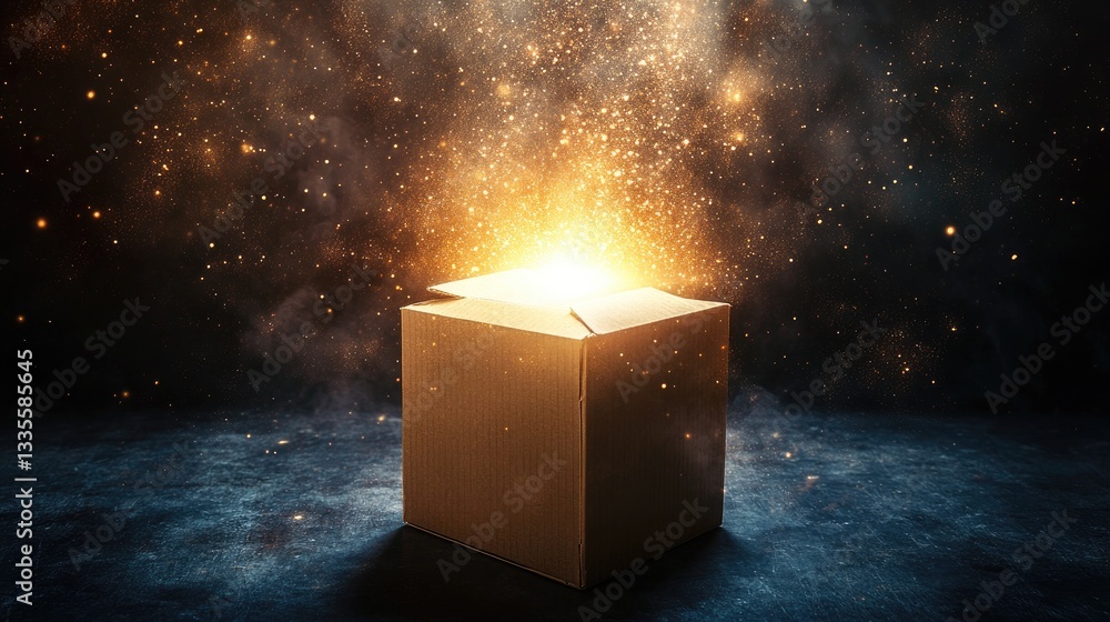 Poster a cardboard box glowing with radiant beams of light in a dark, limitless setting, representing the t