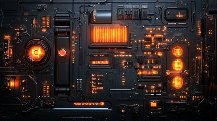 Fototapeta premium Abstract Futuristic Technology Panel Dark Orange Glowing Circuits Detailed Design Digital Art Modern Background High Tech Interface Cyberpunk Style 