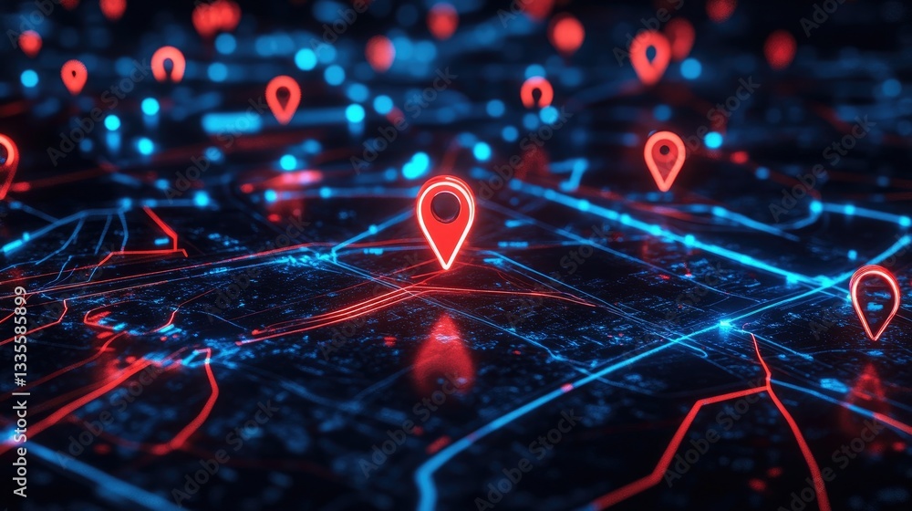 Poster a city map with neon red and blue map pins glowing on the dark background, with other pins scattered