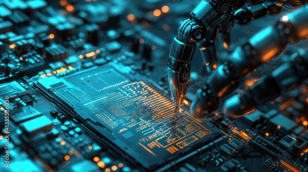 Poster A close-up of a robotic arm soldering and assembling a printed circuit board (PCB), utilizing laser engraving technology in a modern tech setting
