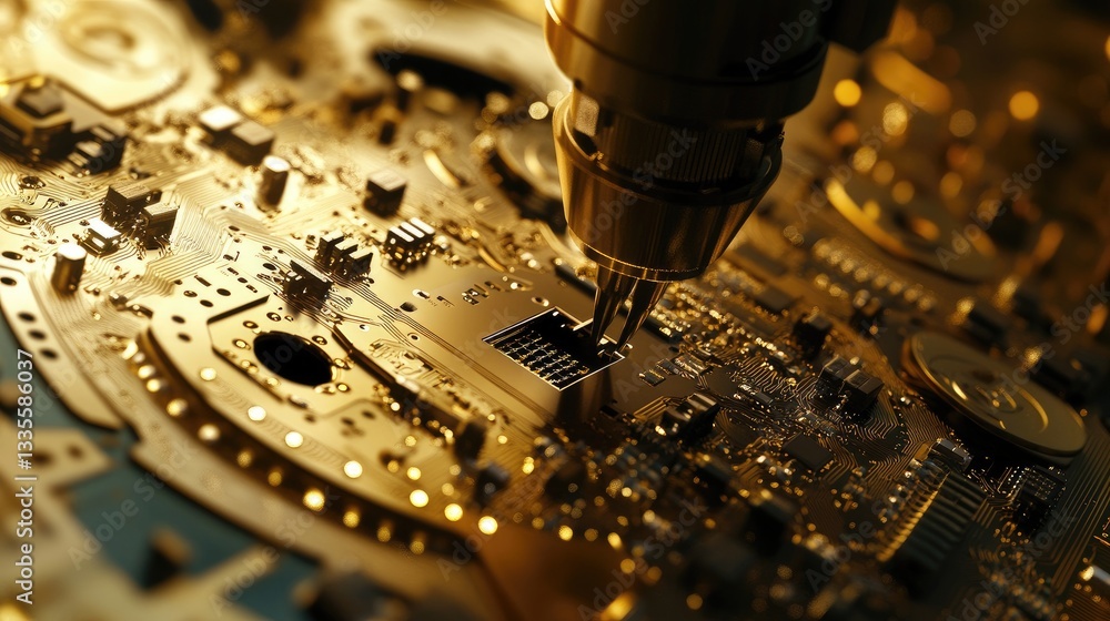 Poster A close-up of a robotic soldering arm assembling a PCB, with laser engraving technology visible, highlighting the advanced automation in electronics manufacturing