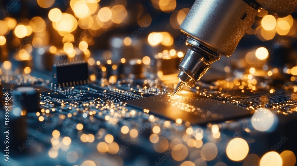 Poster A close-up of a robotic soldering arm assembling a PCB, with laser engraving technology visible, highlighting the advanced automation in electronics manufacturing