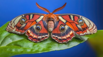 A close-up of a vibrant butterfly on a green leaf, against a smooth blue background, showcasing the delicate beauty and vibrant colors of the insect