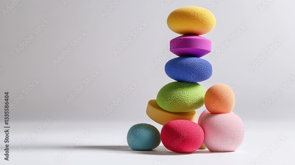Aufkleber A colorful set of makeup applicator sponges of different sizes and shapes stacked together in an artistic fashion against a white background
