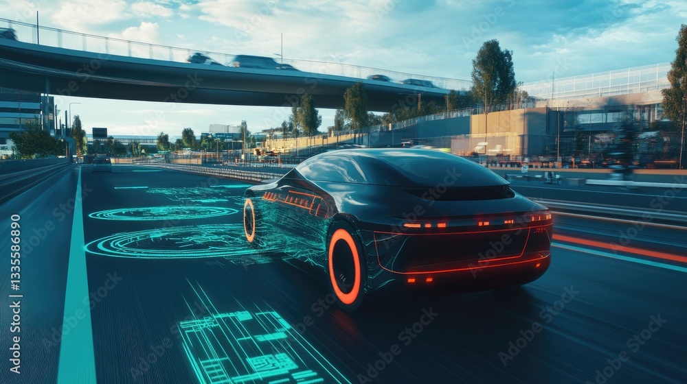 Poster a digital twin of an autonomous vehicle being tested in various virtual scenarios, showcasing futuri