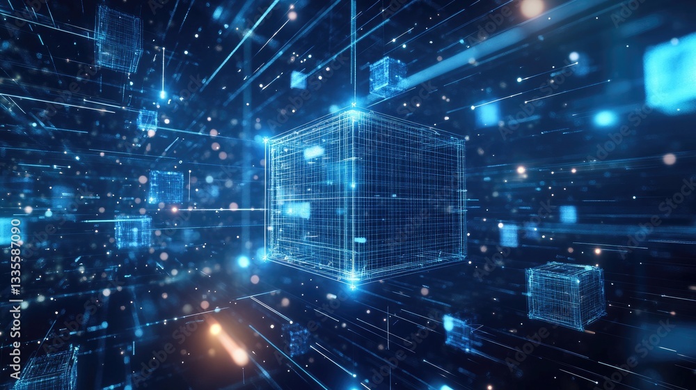 Aufkleber A dynamic shot of a large central tech cube linked to smaller cubes, in a high-tech digital environment with blue tones, symbolizing the future of technology and futurism