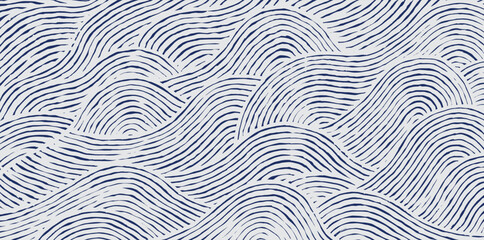 Crafted hand drawn wave brush line abstract pattern in white and indigo blue, Japanese and ethnic, tribal wood carving, block print textured surface background, simple graphic for carpet, textile