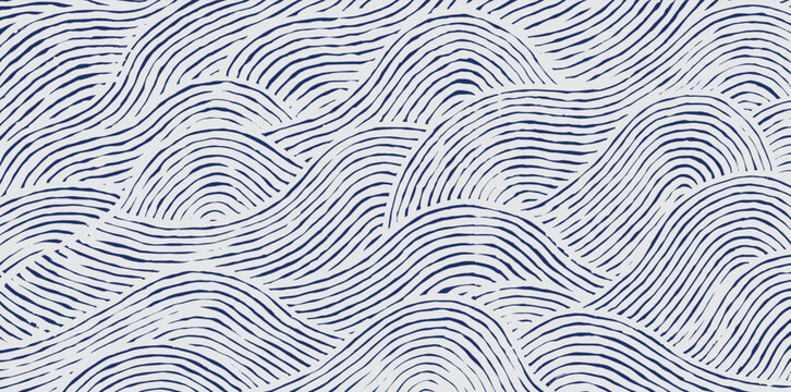 Crafted hand drawn wave brush line abstract pattern in white and indigo blue, Japanese and ethnic, tribal wood carving, block print textured surface background, simple graphic for carpet, textile