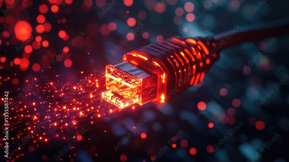 Poster a glowing ethernet cable with red sparks, symbolizing unauthorized network access, set against a dar