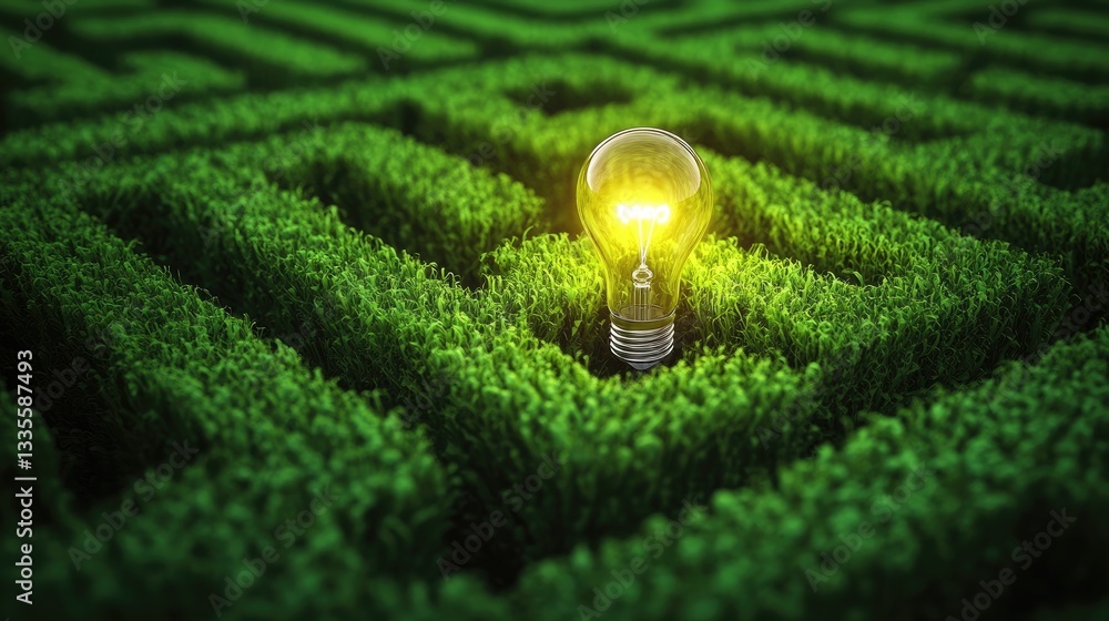 Poster A glowing lightbulb at the heart of a vast green maze, representing a breakthrough idea or solution within a challenging, intricate problem, casting a sense of discovery