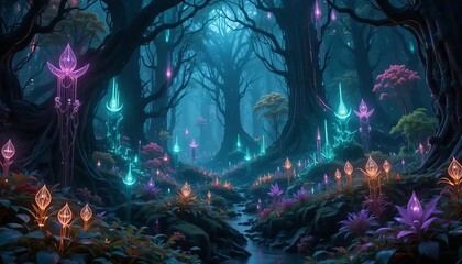 Cybernetic Forest with Glowing Plants