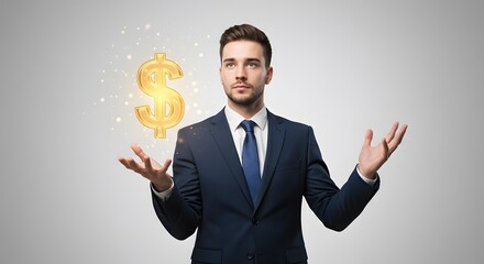 Power of Finance – Professional in Suit Holding Glowing Dollar isolated on white background 