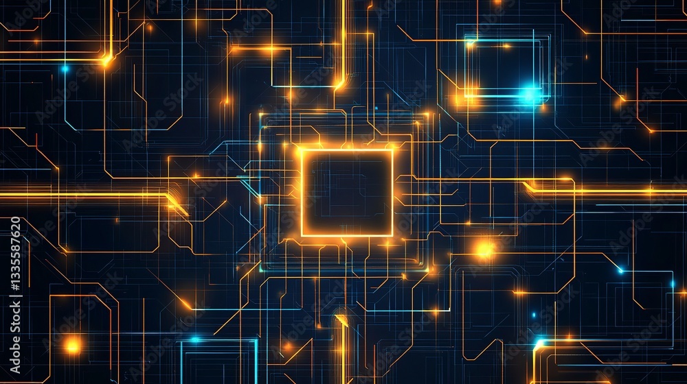 Poster abstract technology background digital circuit board glowing lines orange blue network modern futuri