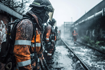 Obraz premium A group of firefighters are standing on a train track in the rain