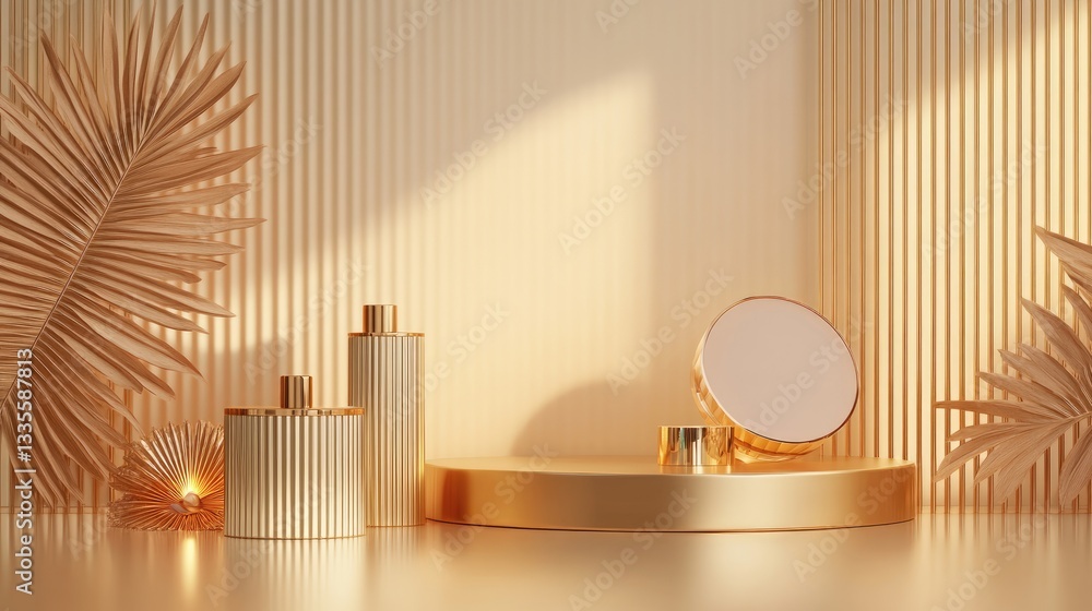 Poster a luxurious 3d render featuring abstract geometric golden shapes on a glossy podium, perfect for sho