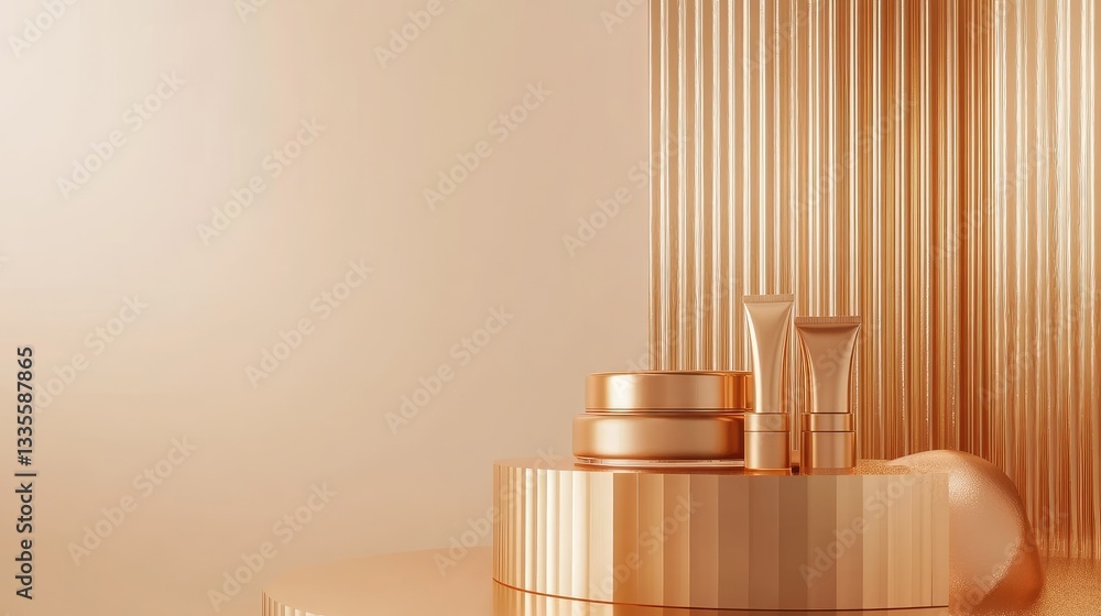 Poster a luxurious 3d render featuring abstract geometric golden shapes on a glossy podium, perfect for sho