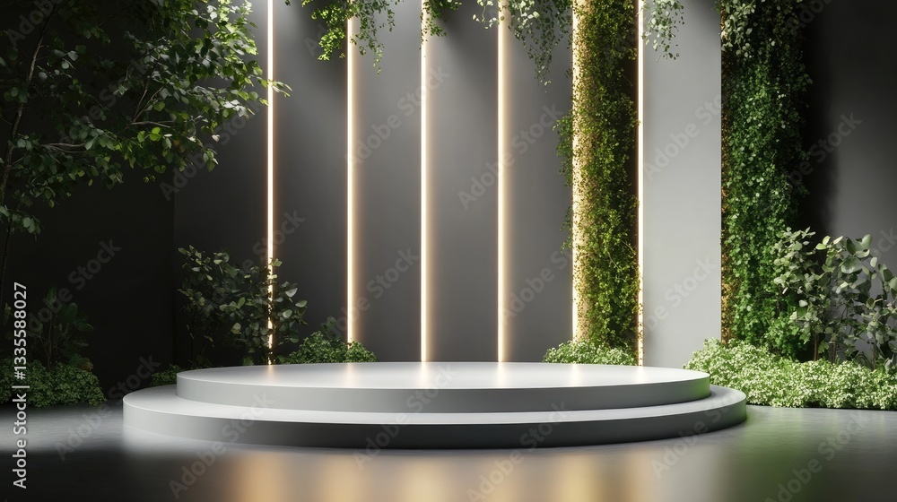 Poster a minimalist stage with ambient lighting and greenery in the background, perfect for artistic perfor