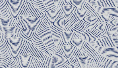 Crafted hand drawn wave brush line abstract pattern in white and indigo blue, Japanese and ethnic, tribal wood carving, block print textured surface background, simple graphic for carpet, textile