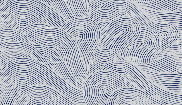 Crafted hand drawn wave brush line abstract pattern in white and indigo blue, Japanese and ethnic, tribal wood carving, block print textured surface background, simple graphic for carpet, textile