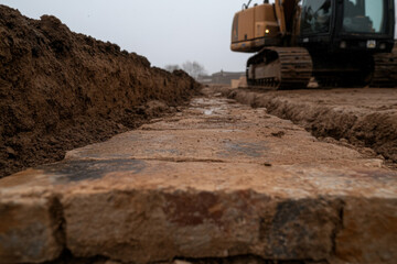 Obraz premium A large construction site with a bulldozer and a trench