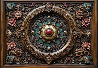 Intricate Wooden Wall Art with Circular Centerpiece and Red Gem Detail

