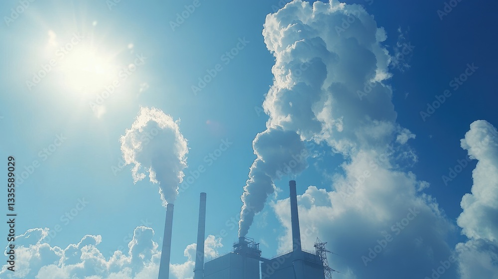 Poster a power plant with large smokestacks under a bright blue sky, symbolizing the impact of pollution on